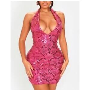 PrettyLittleThing Pink Sequin Shell Halter Mini Dress 8 Bodycon Y2K Party Club
